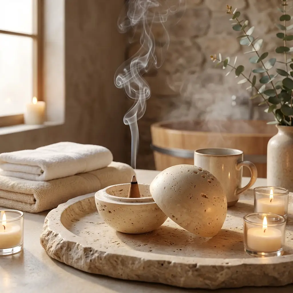 Sculptural Travertine Sphere Incense Burner