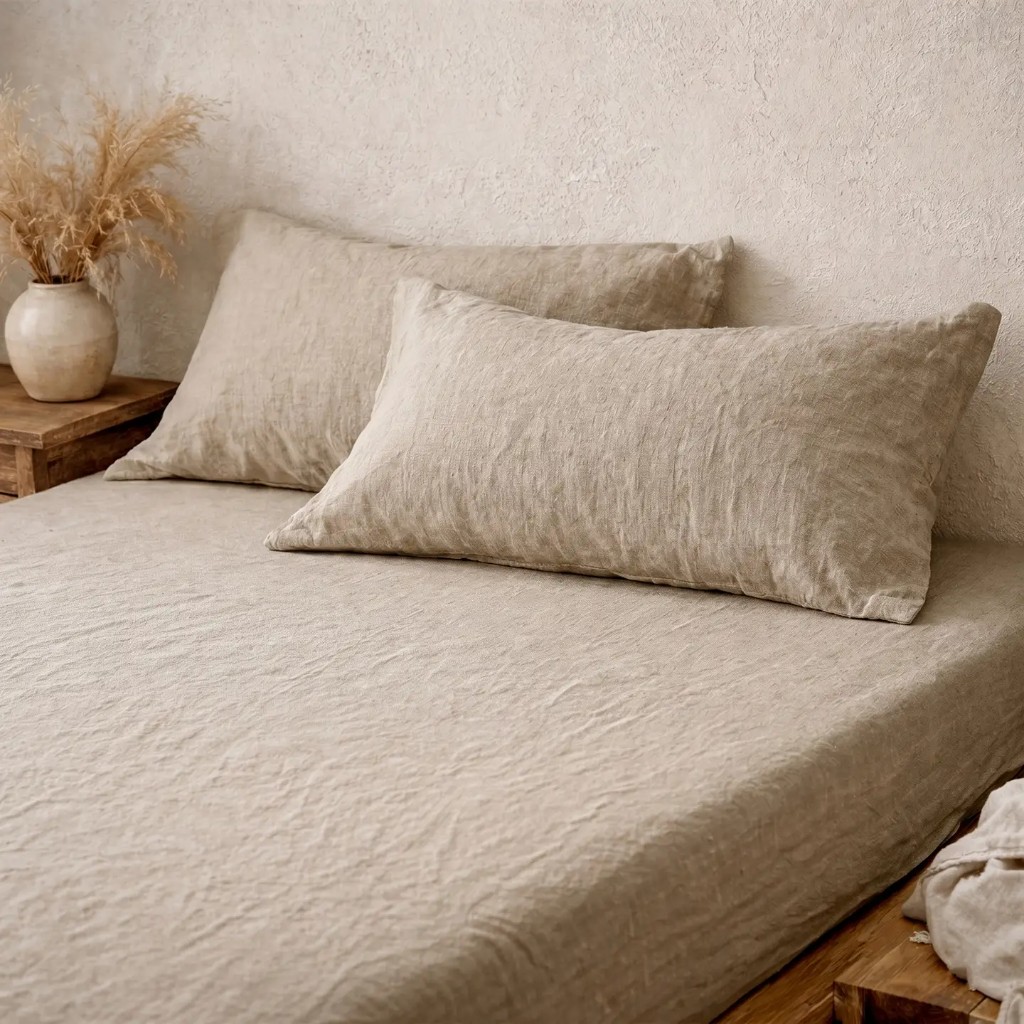 100% French Linen Fitted Sheet with Two Pillowcases (3 Pcs)